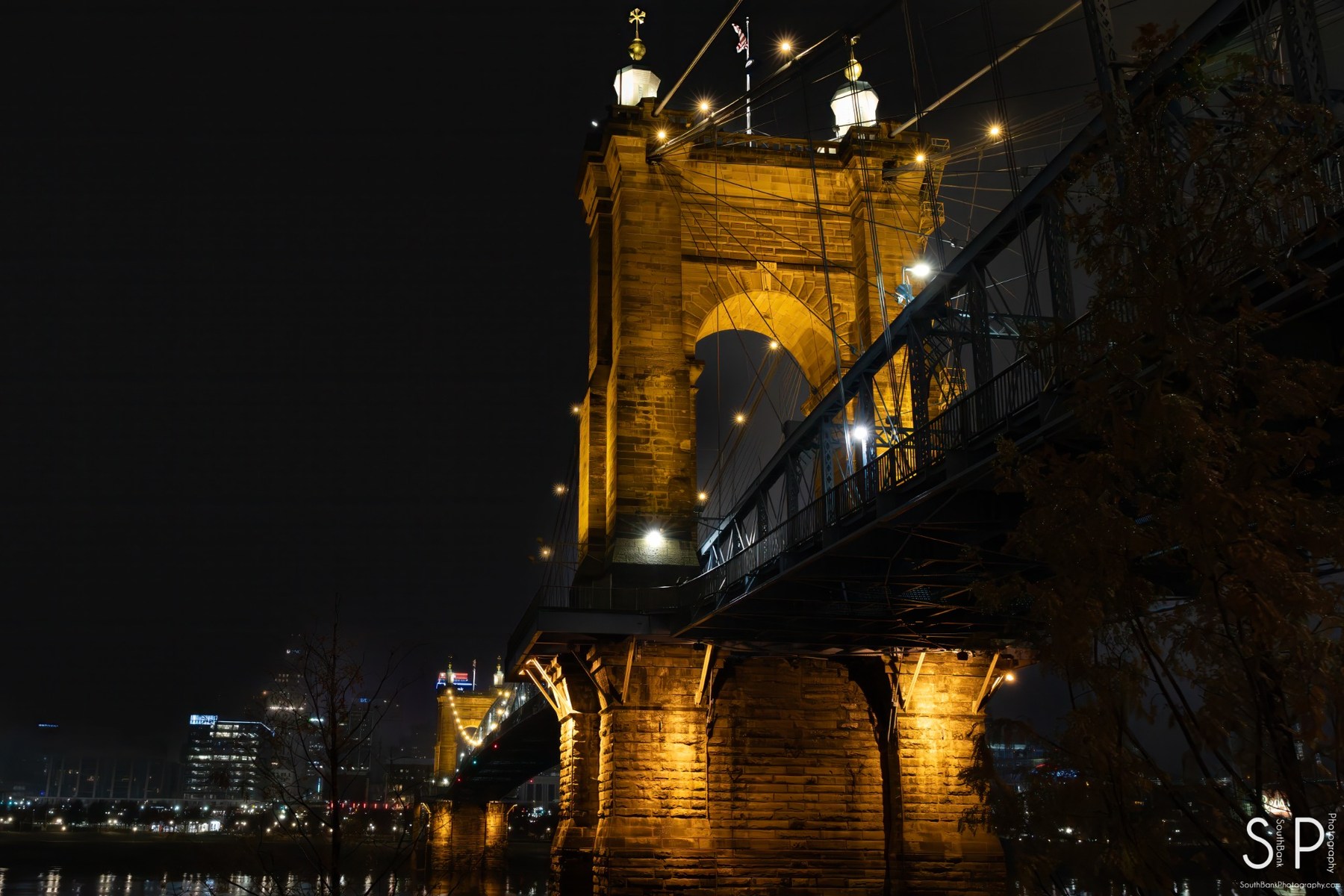 Roebling Suspension Bridge illuminated at night